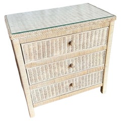 Boho Chic White Washed Wicker Glass Top Chest of Drawers