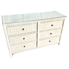 Boho Chic White Washed Wicker Glass Top Dresser
