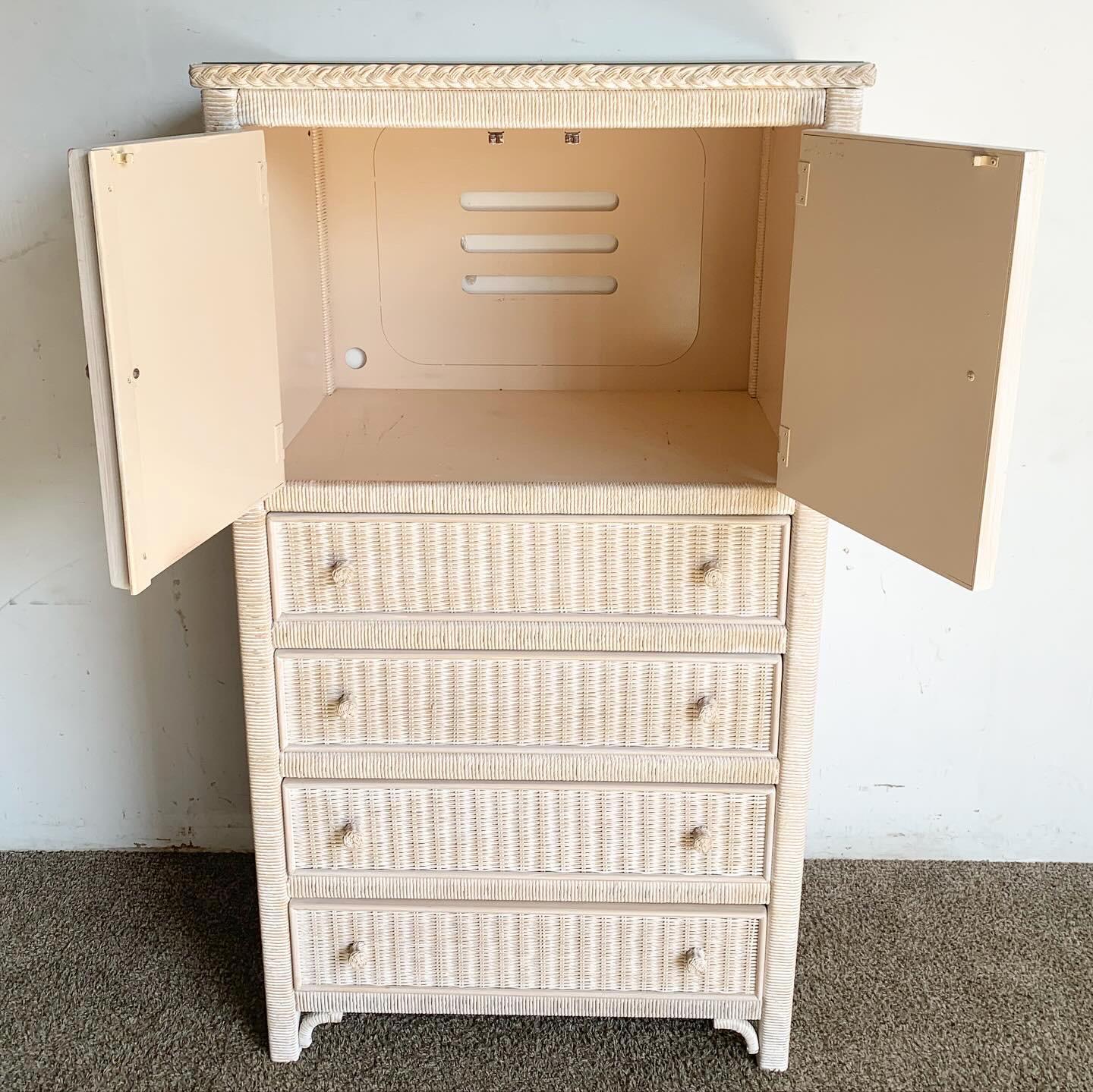 Boho Chic White Washed Wicker Rattan Henry Link Armoire by Lexington 4