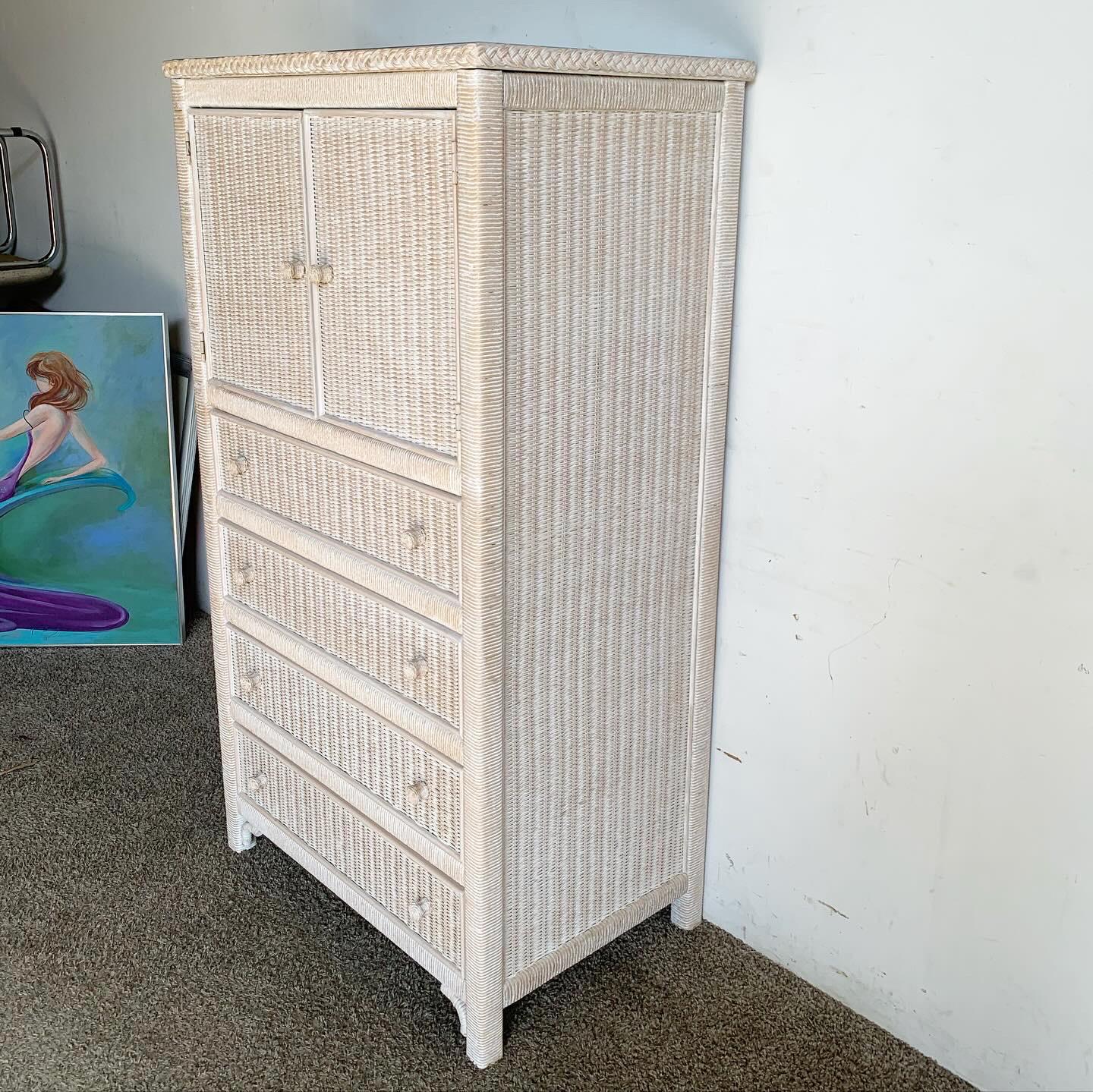 Enhance your bedroom with the Boho Chic White Washed Wicker Rattan Henry Link Armoire by Lexington, a versatile piece that combines a relaxed, breezy aesthetic with ample storage for clothing and accessories.
Minor wear as seen in the photos.