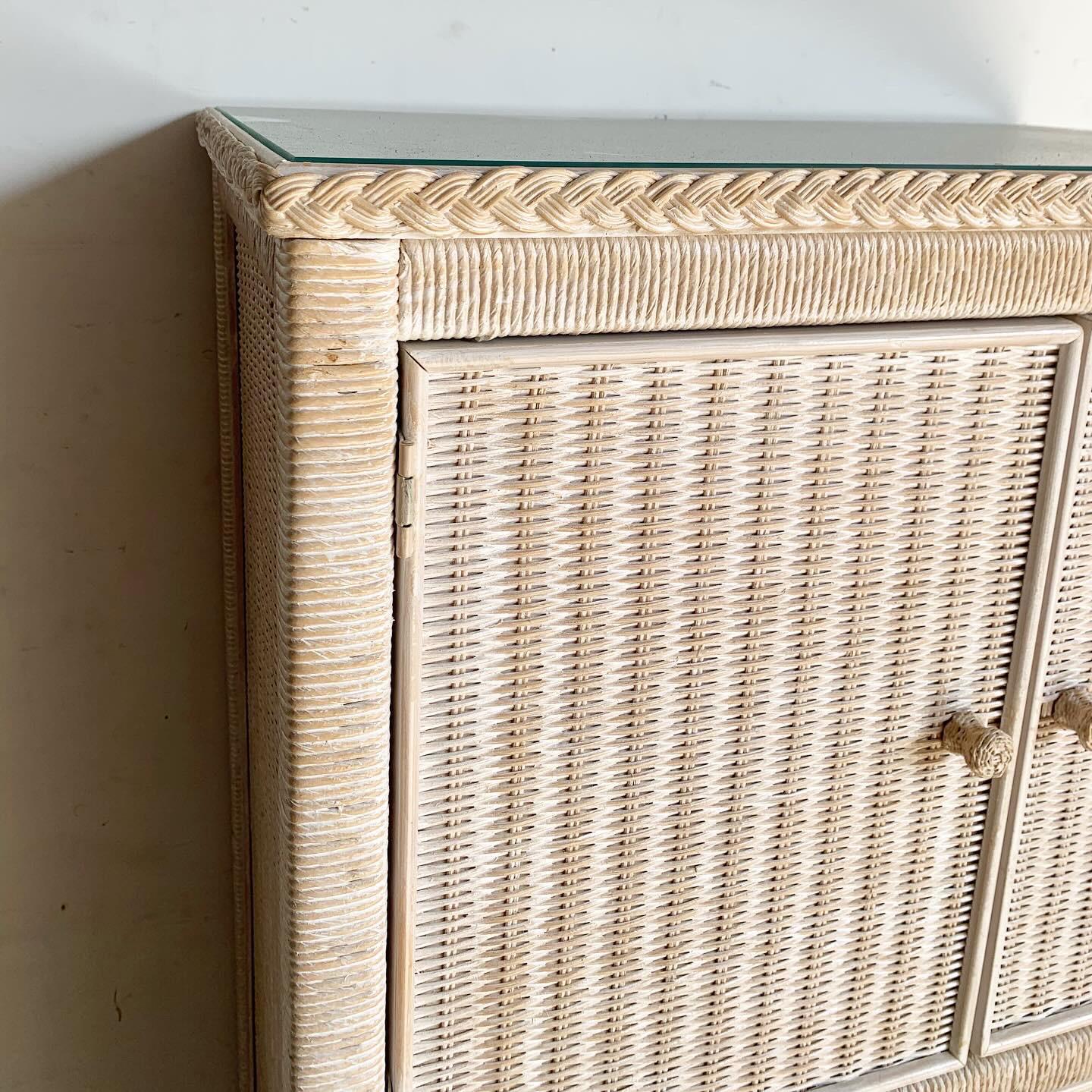 Bohemian Boho Chic White Washed Wicker Rattan Henry Link Armoire by Lexington