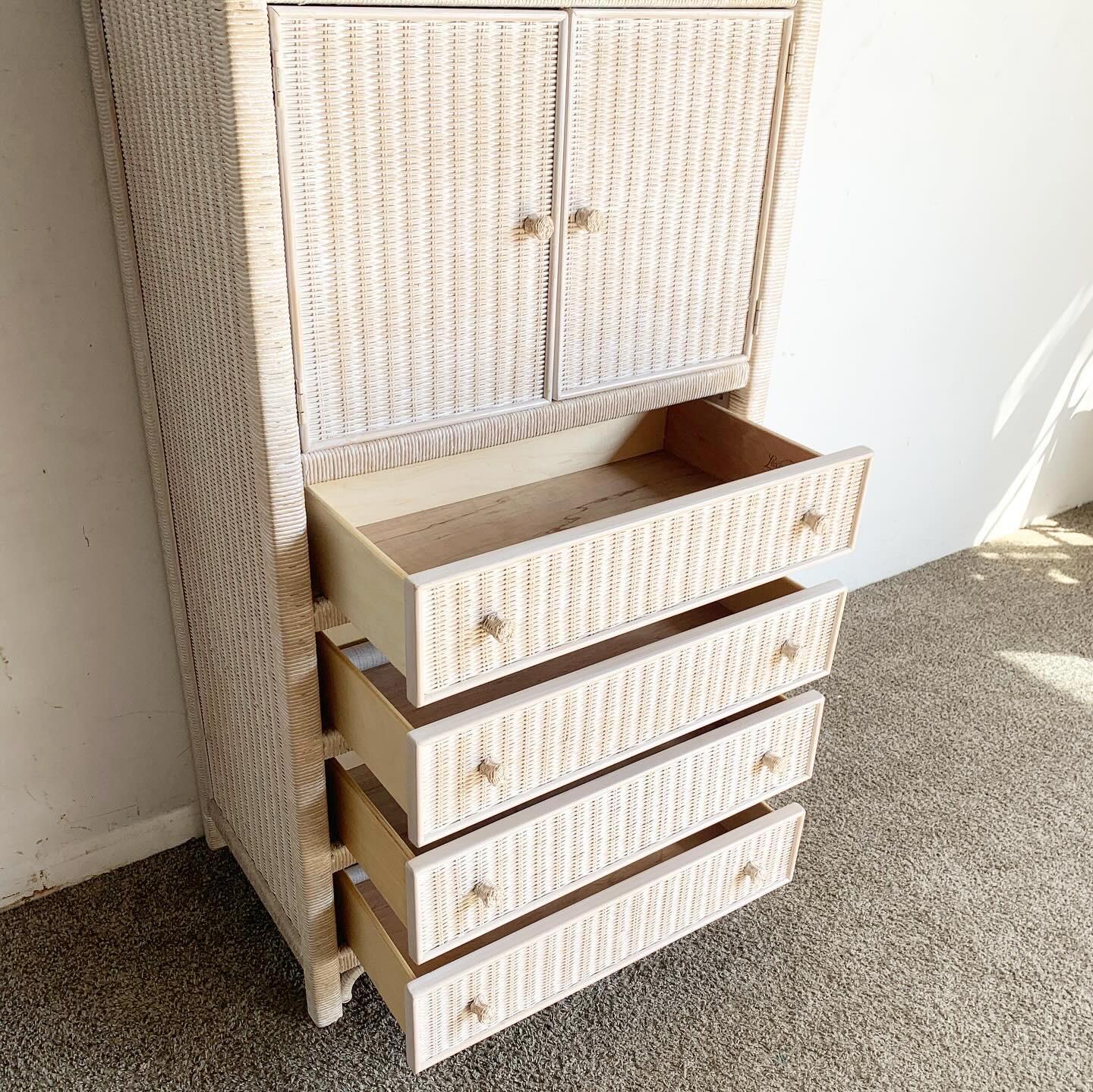 Boho Chic White Washed Wicker Rattan Henry Link Armoire by Lexington In Good Condition In Delray Beach, FL