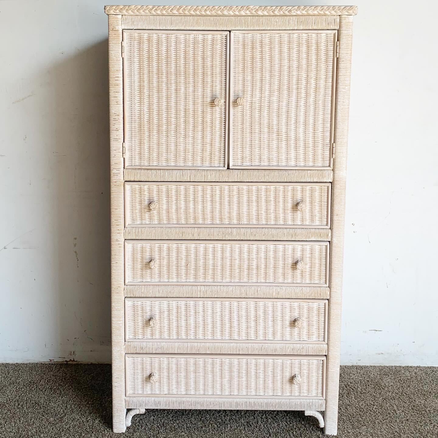 20th Century Boho Chic White Washed Wicker Rattan Henry Link Armoire by Lexington