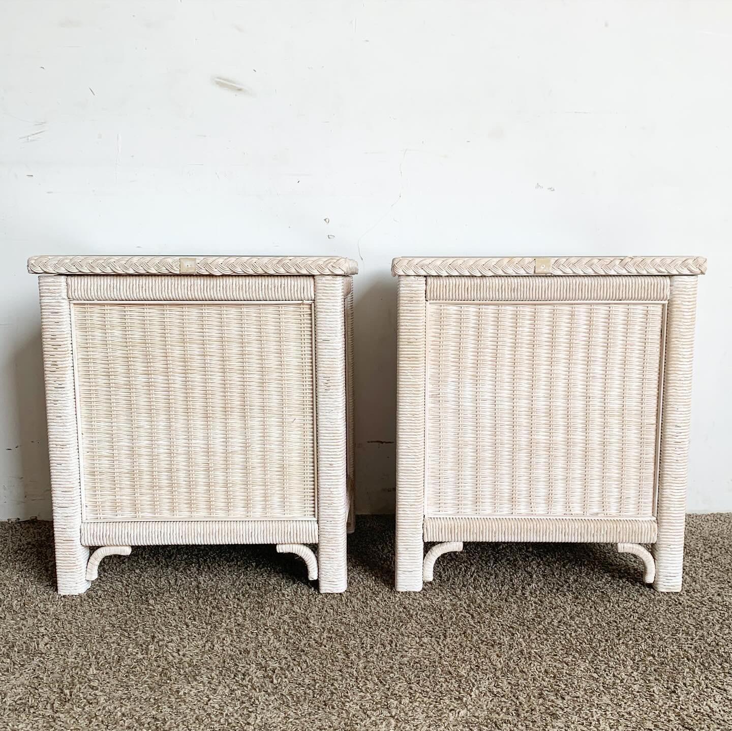 Elevate your bedroom with White Washed Wicker Rattan Nightstands by Lexington, a delightful pair that combines relaxed elegance with practical bedside storage, making them a charming addition to your decor.
Minor wear around the edges as seen in the