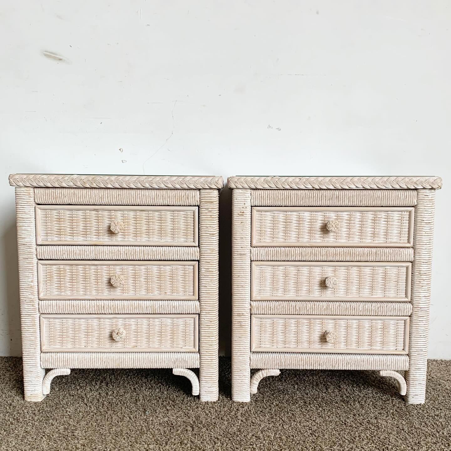 Bohemian Boho Chic White Washed Wicker Rattan Henry Link Nightstands by Lexington For Sale