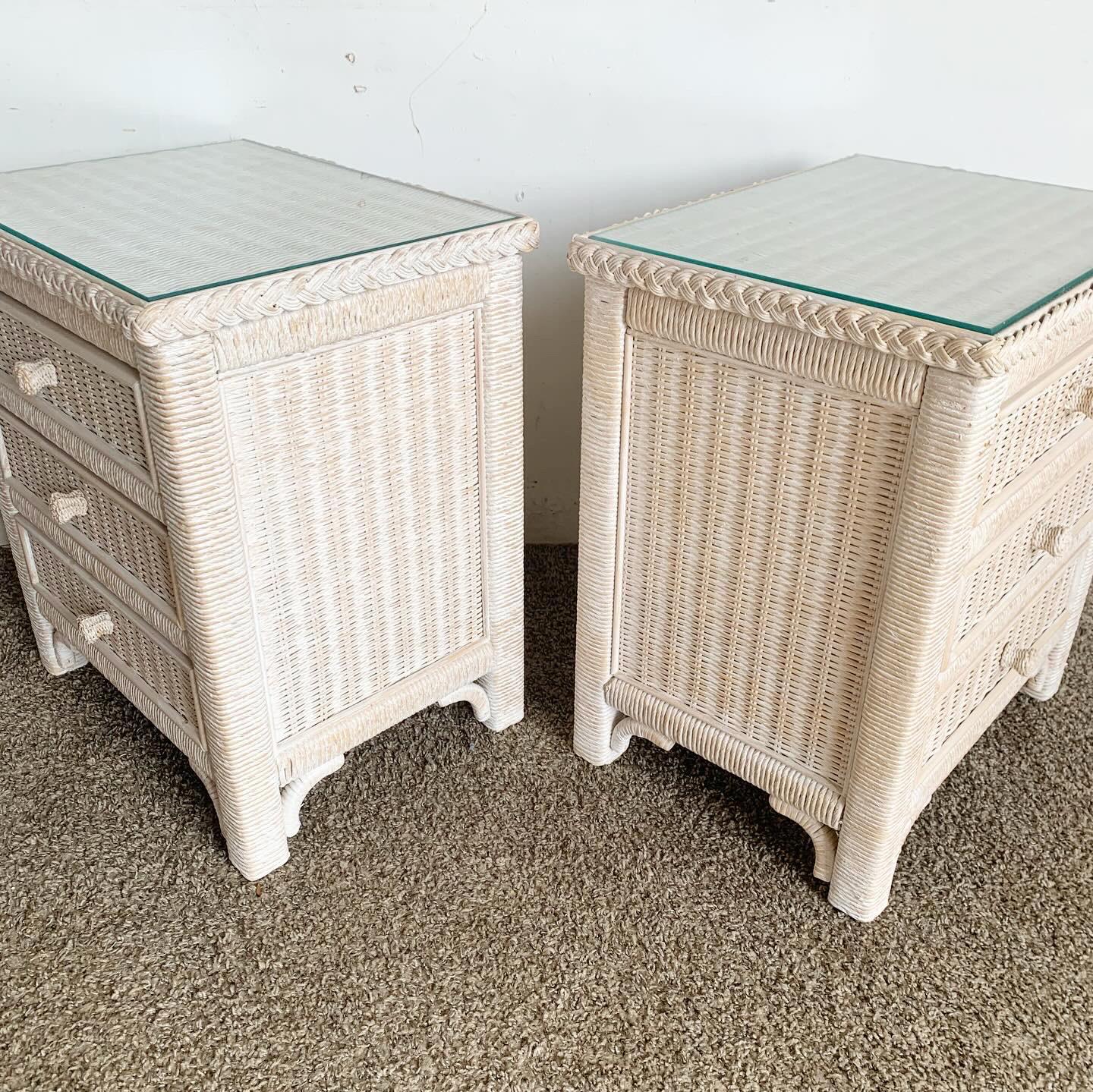 20th Century Boho Chic White Washed Wicker Rattan Henry Link Nightstands by Lexington For Sale