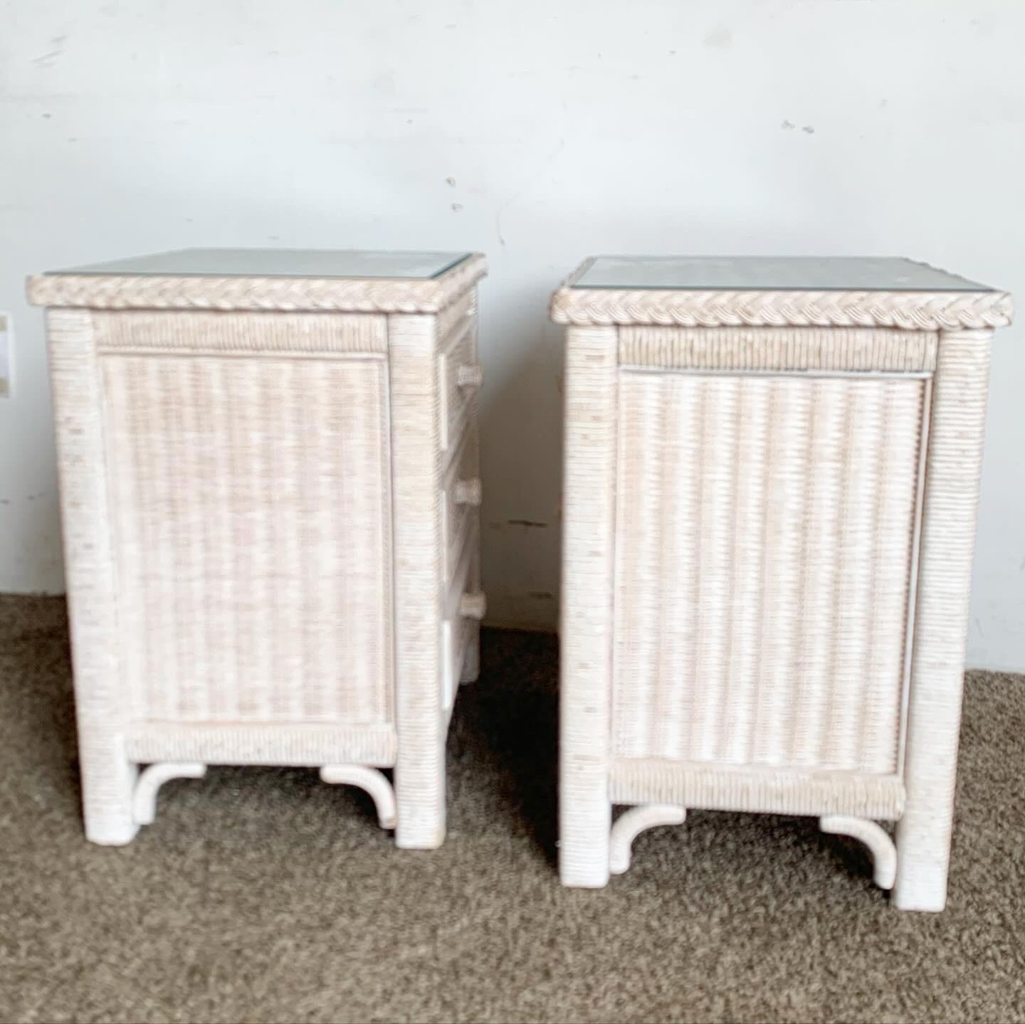 Boho Chic White Washed Wicker Rattan Henry Link Nightstands by Lexington For Sale 1