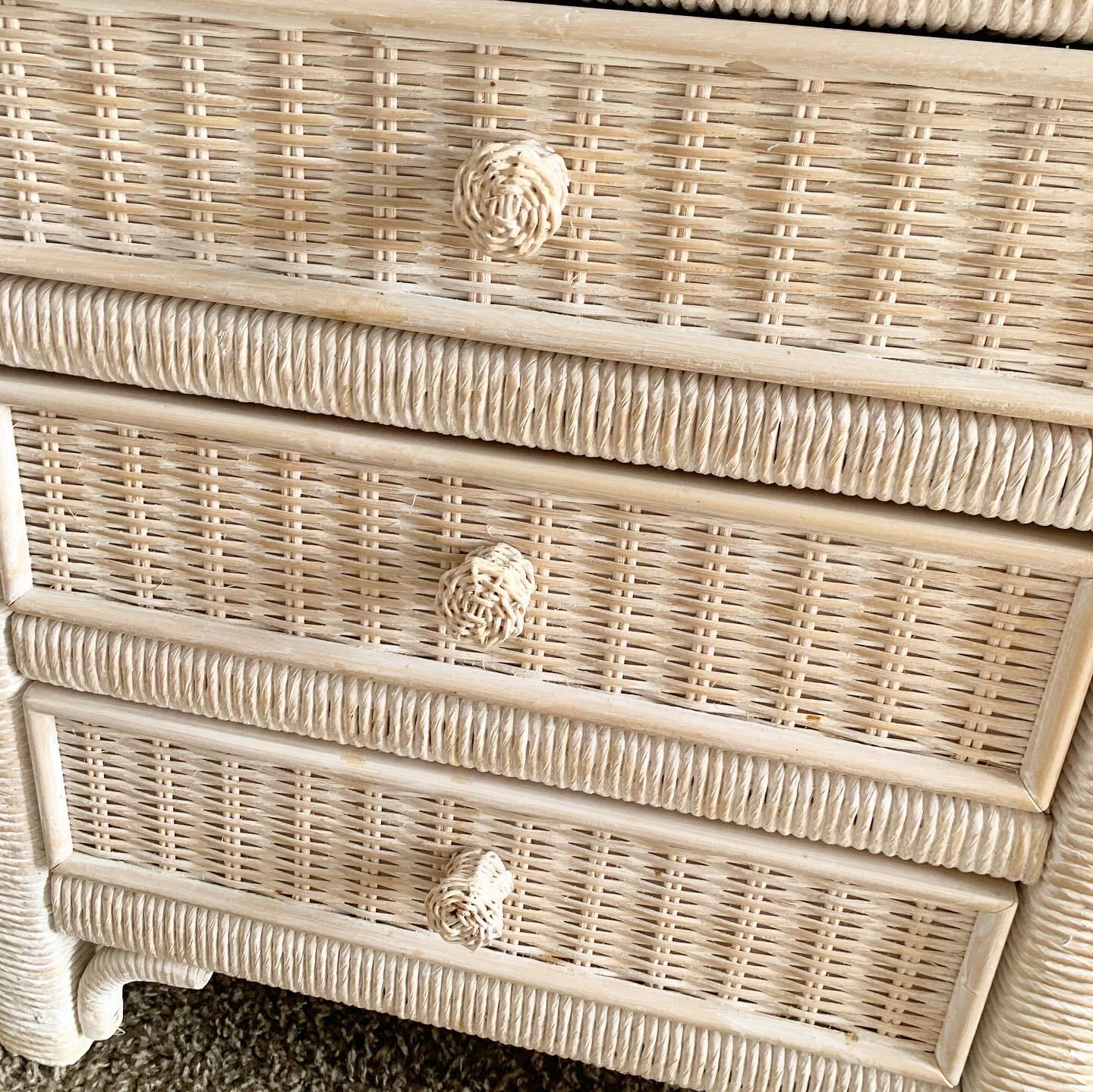 Boho Chic White Washed Wicker Rattan Henry Link Nightstands by Lexington For Sale 2