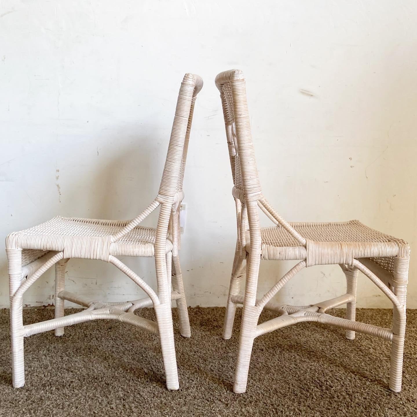 Bohemian Boho Chic White Washed Wicker Rattan Side Chairs - a Pair For Sale