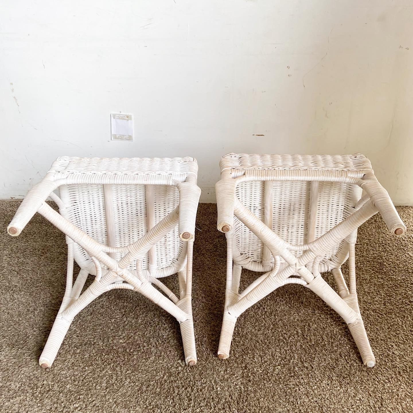 Boho Chic White Washed Wicker Rattan Side Chairs - a Pair In Good Condition For Sale In Delray Beach, FL