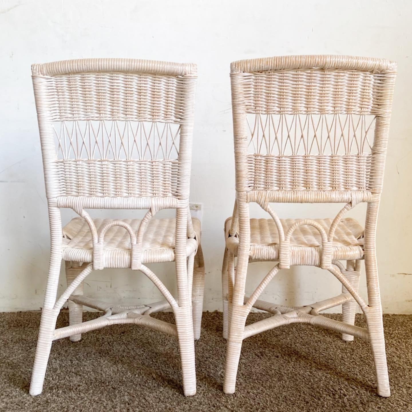 20th Century Boho Chic White Washed Wicker Rattan Side Chairs - a Pair For Sale