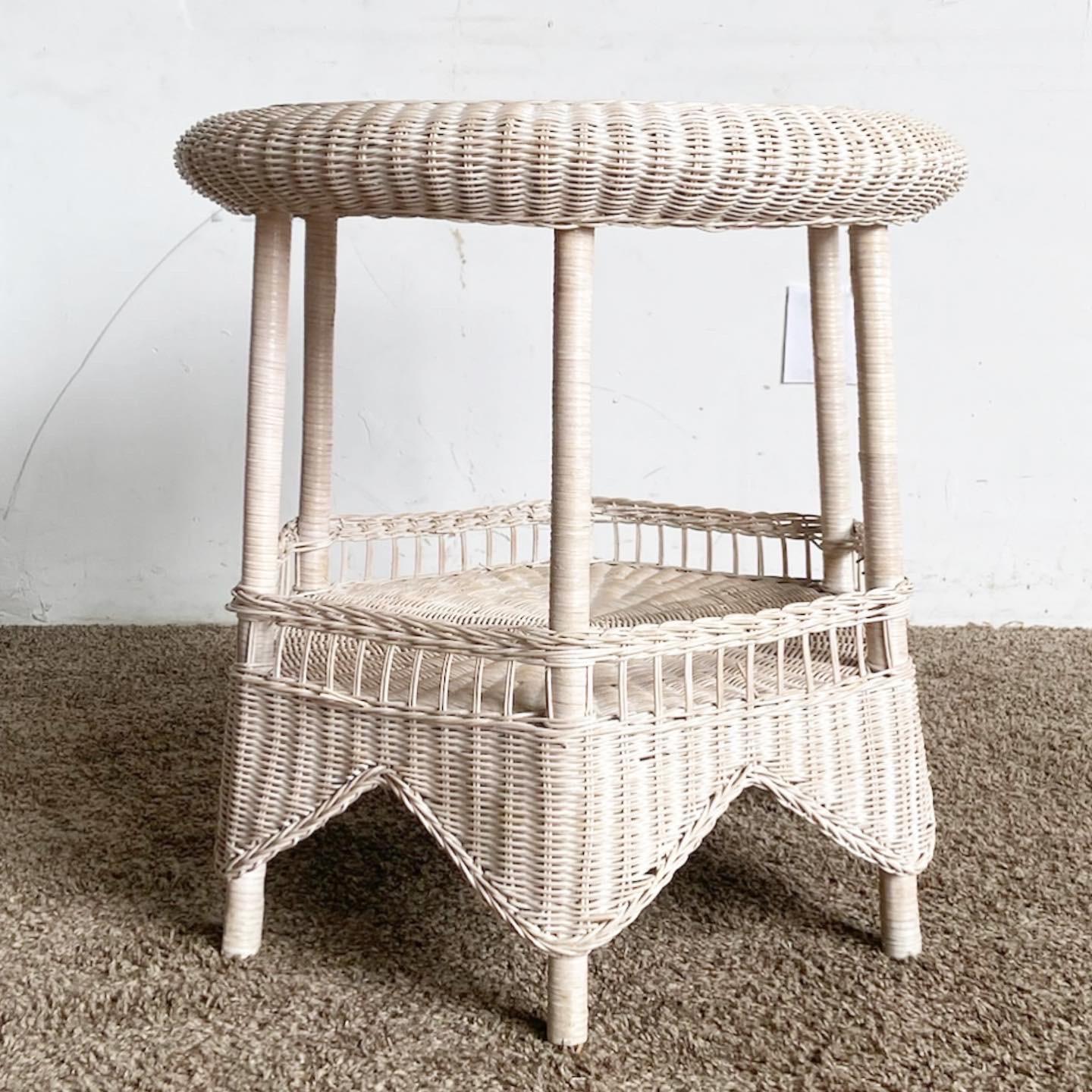 Infuse your space with the laid-back allure of the Boho Wicker Side Table, elegantly adorned with a white-washed finish. This exquisite piece seamlessly merges the beauty of natural textures with a contemporary design ethos, resulting in a