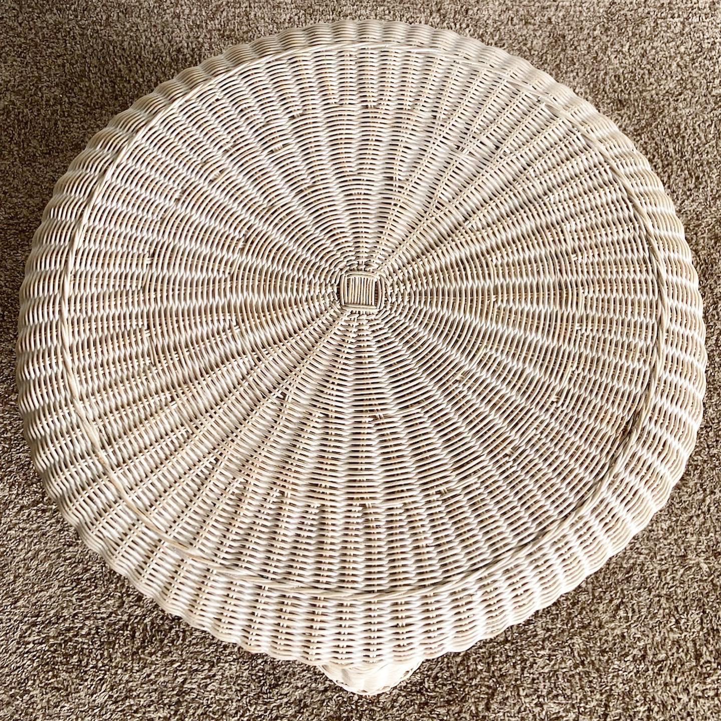 Indonesian Boho Chic White Washed Wicker Side Table For Sale