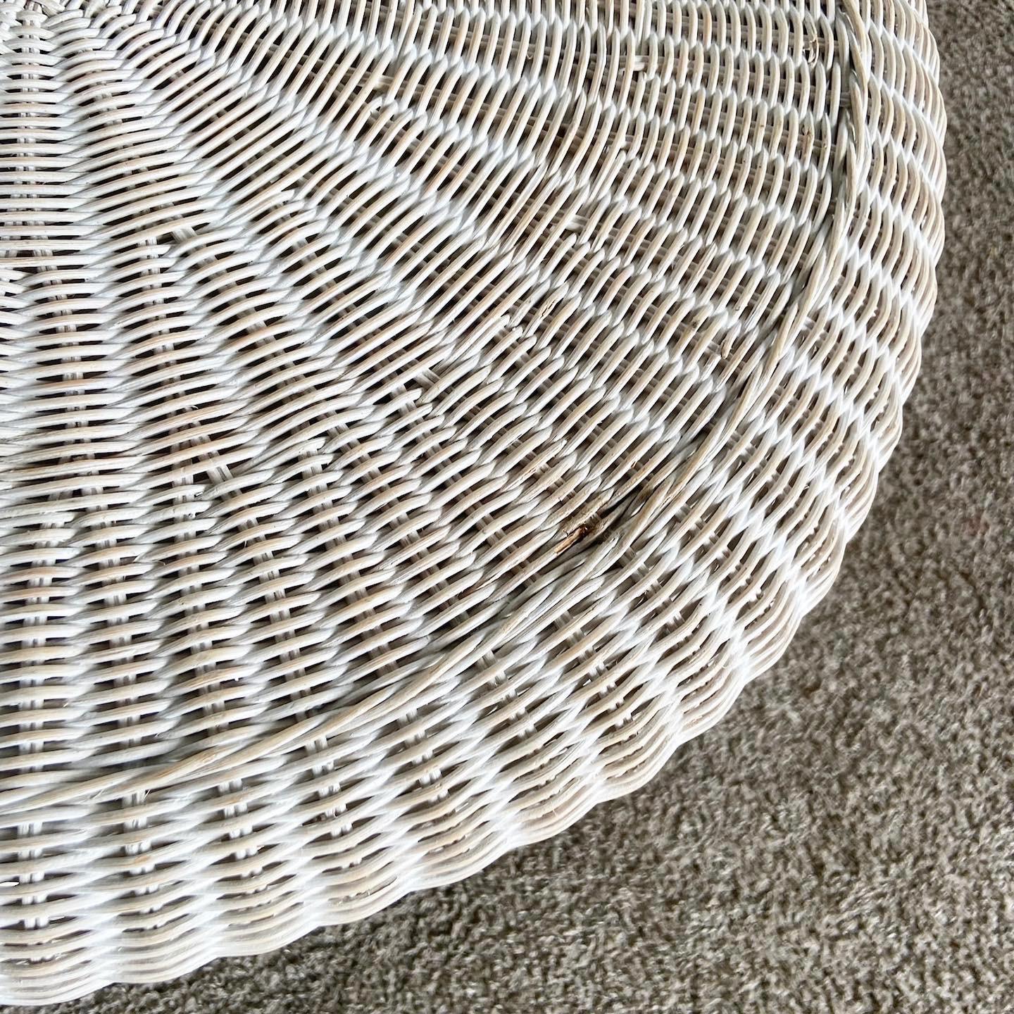 Boho Chic White Washed Wicker Side Table In Good Condition For Sale In Delray Beach, FL