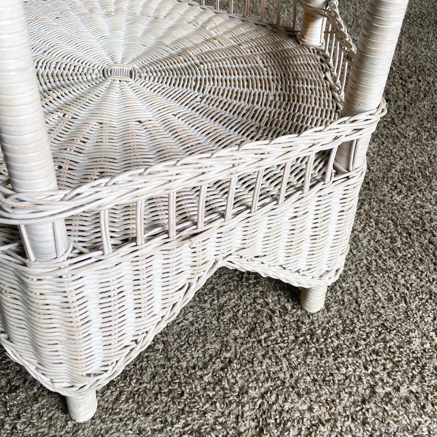 Late 20th Century Boho Chic White Washed Wicker Side Table For Sale