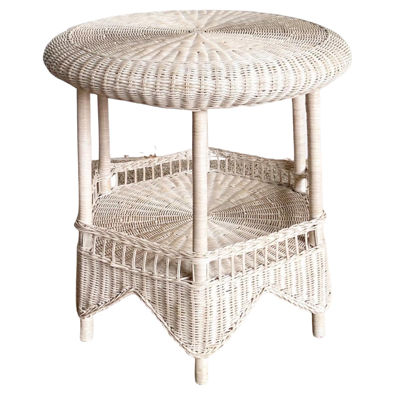 Boho Chic White Washed Wicker Side Table For Sale