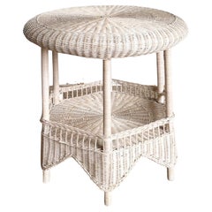 Retro Boho Chic White Washed Wicker Side Table