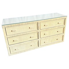 Boho Chic White Washed Wrapped Wicker Glass Top Dresser