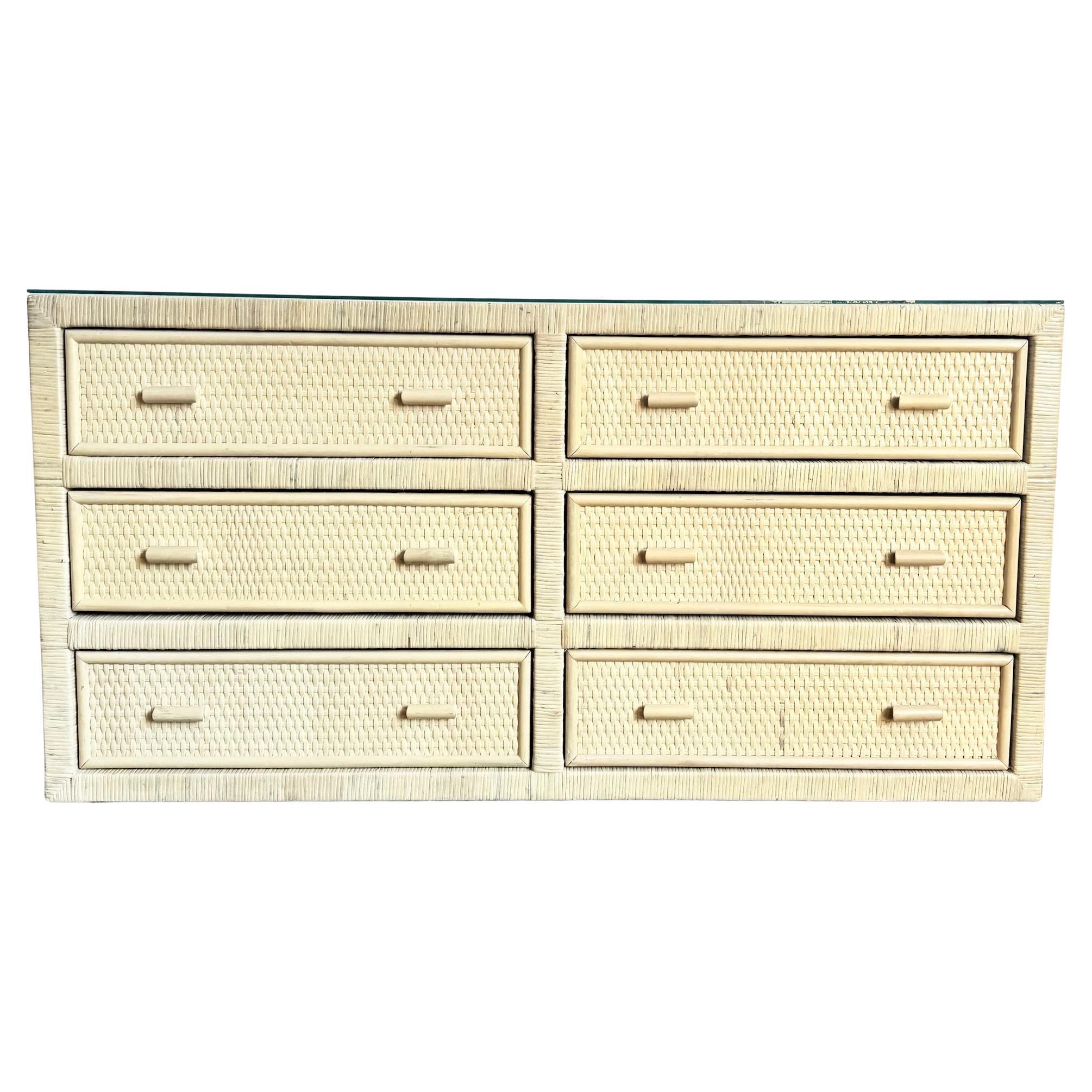 Boho Chic White Washed Wrapped Wicker Glass Top Dresser