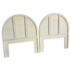 Boho Chic White Washed Wrapped Wicker Twin Headboards - A Pair