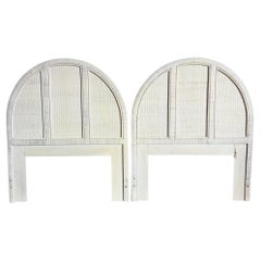 Boho Chic White Washed Wrapped Wicker Twin Headboards - A Pair