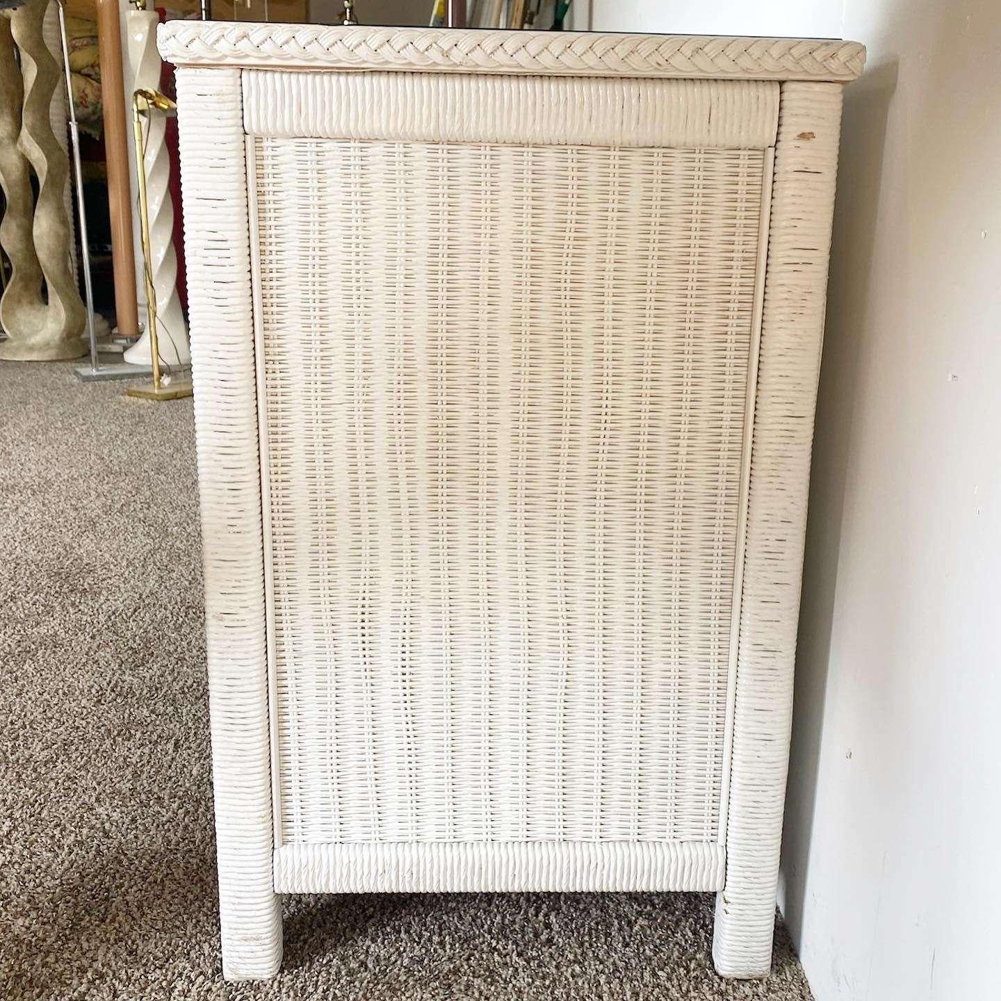 American Boho Chic White Wicker and Rattan Dresser by Henry Link