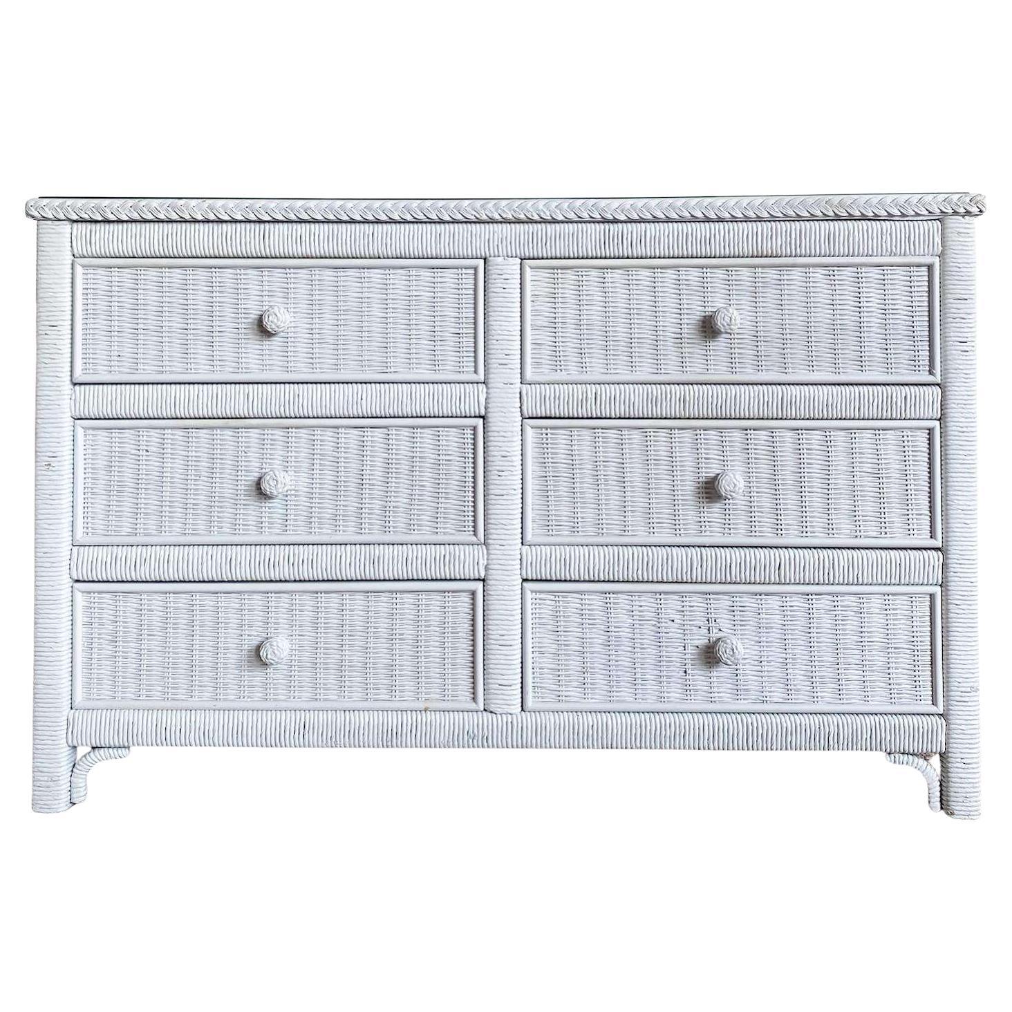 Boho Chic White Wicker and Rattan Dresser by Henry Link