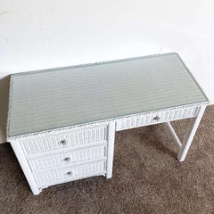 Boho Chic White Wicker and Rattan Wringing Desk by Henry Link