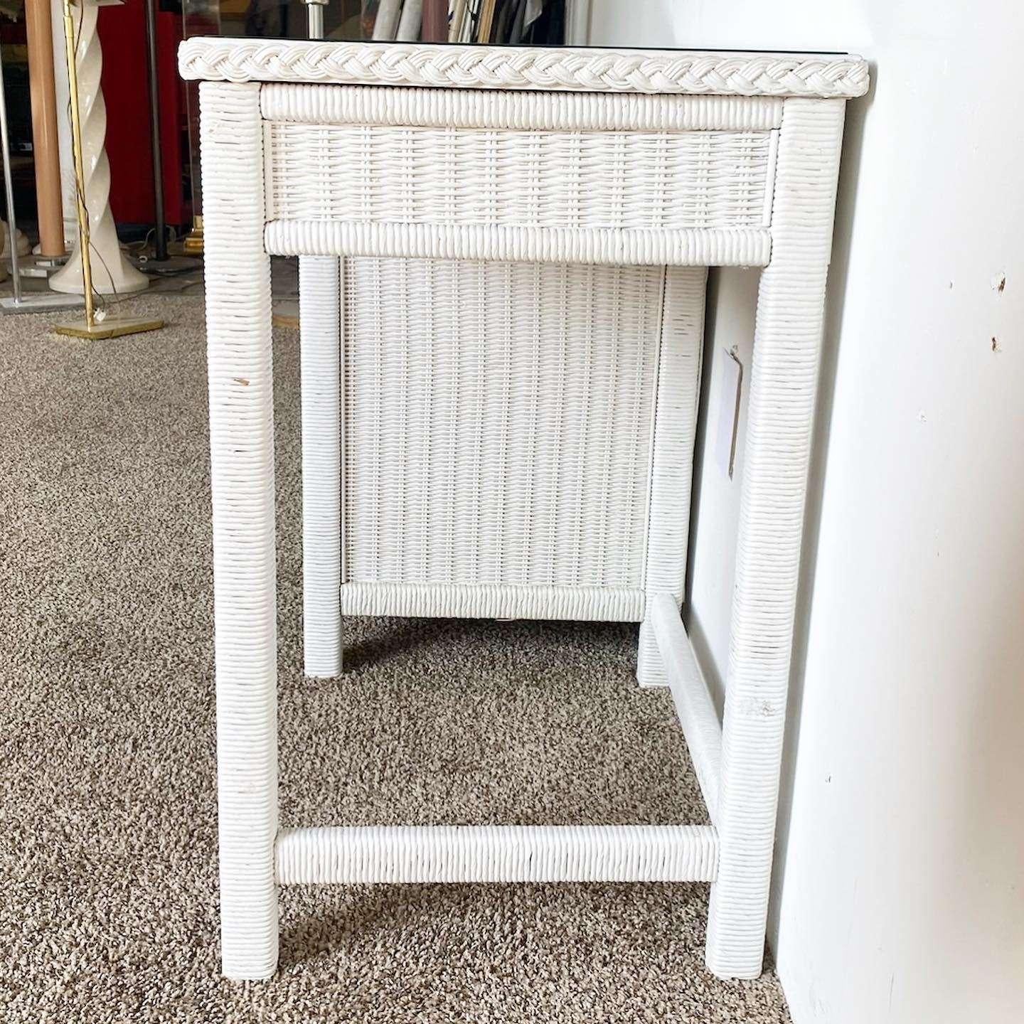 Bohemian Boho Chic White Wicker and Rattan Wringing Desk by Henry Link