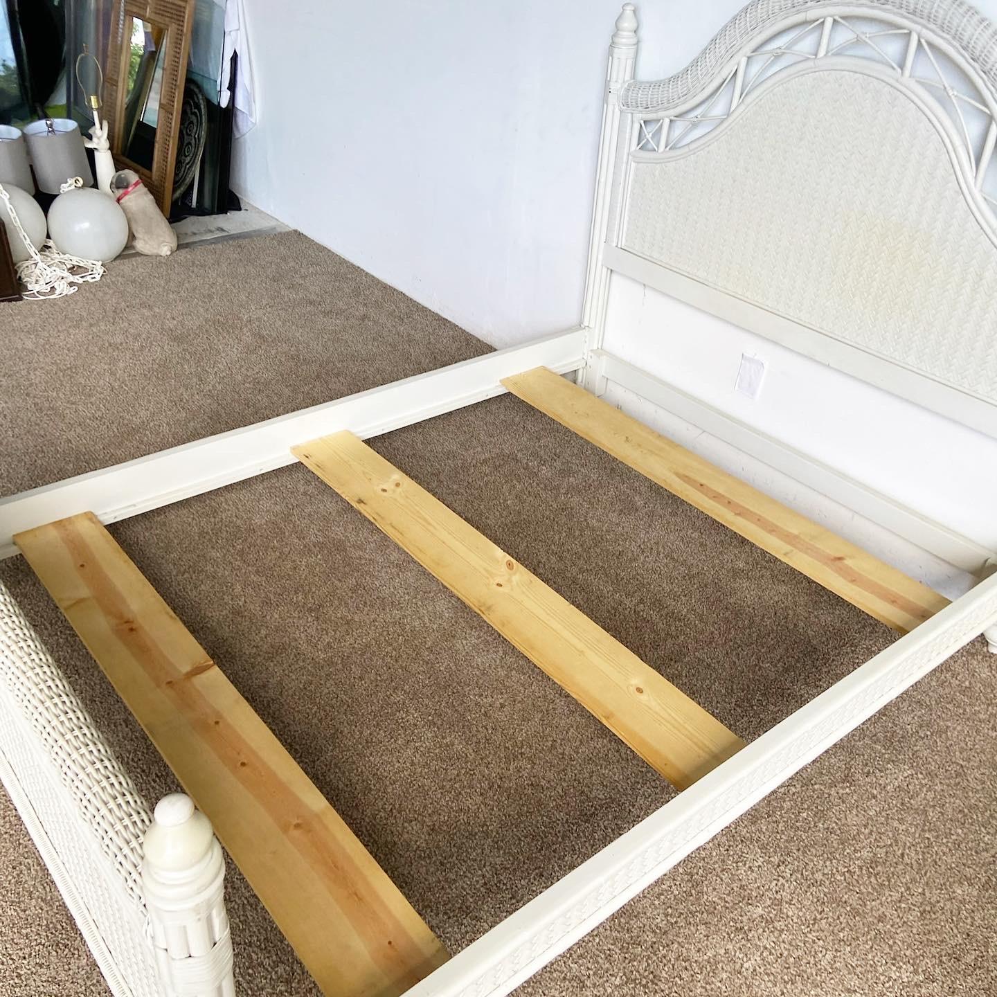 Boho Chic White Wicker Bamboo Rattan and Herringbone Queen Size Bed Frame 3