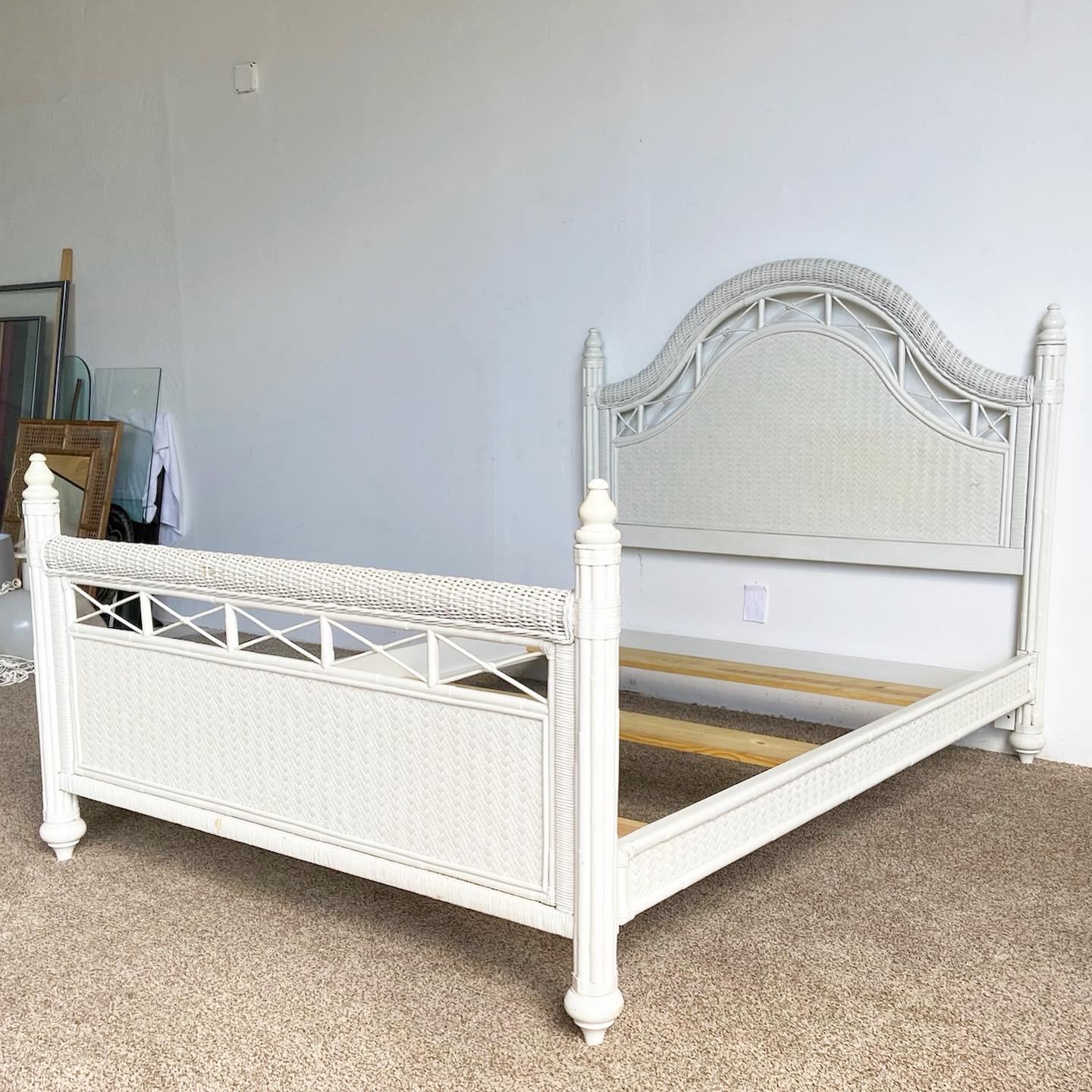 Boho Chic White Wicker Bamboo Rattan and Herringbone Queen Size Bed Frame 4