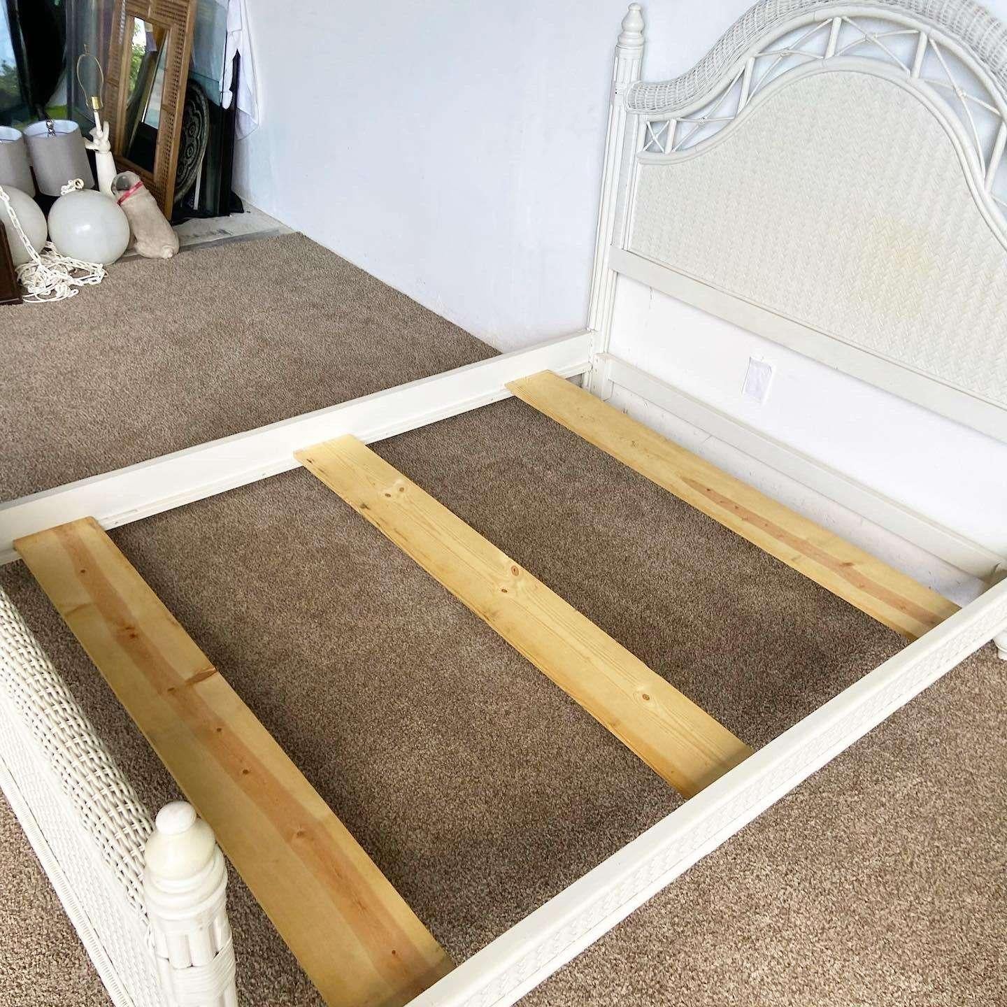 Indonesian Boho Chic White Wicker Bamboo Rattan and Herringbone Queen Size Bed Frame For Sale