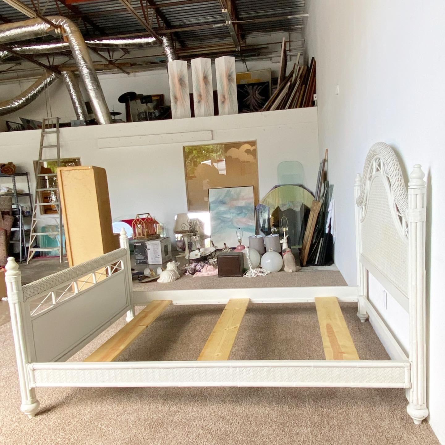 Late 20th Century Boho Chic White Wicker Bamboo Rattan and Herringbone Queen Size Bed Frame