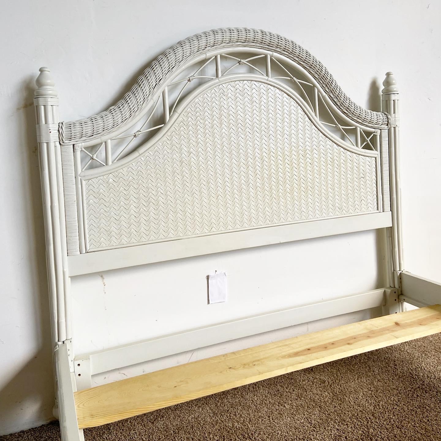 Boho Chic White Wicker Bamboo Rattan and Herringbone Queen Size Bed Frame 1