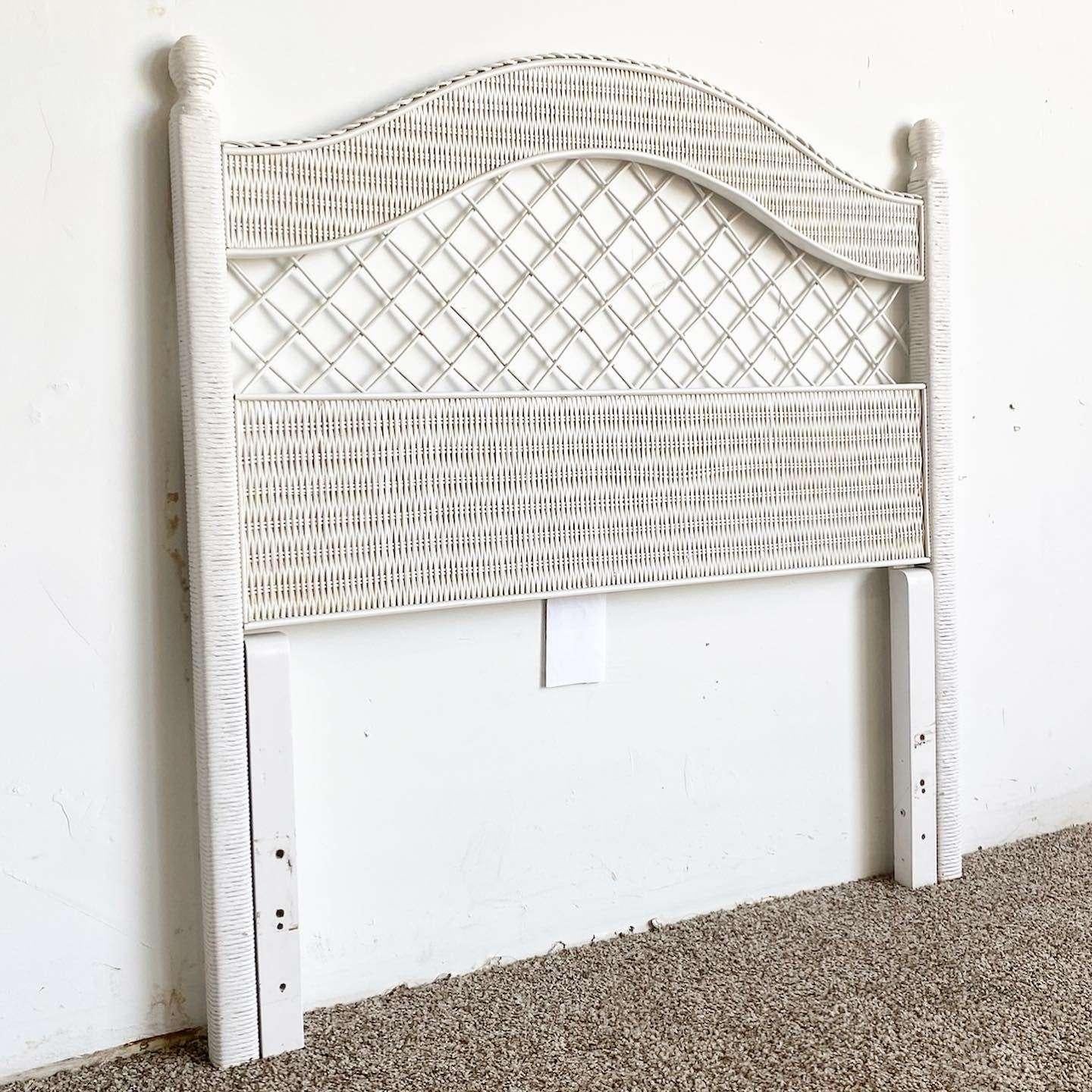 Amazing vintage boho chic twin size wicker headboard by Henry Link. Features a white painted finish.
