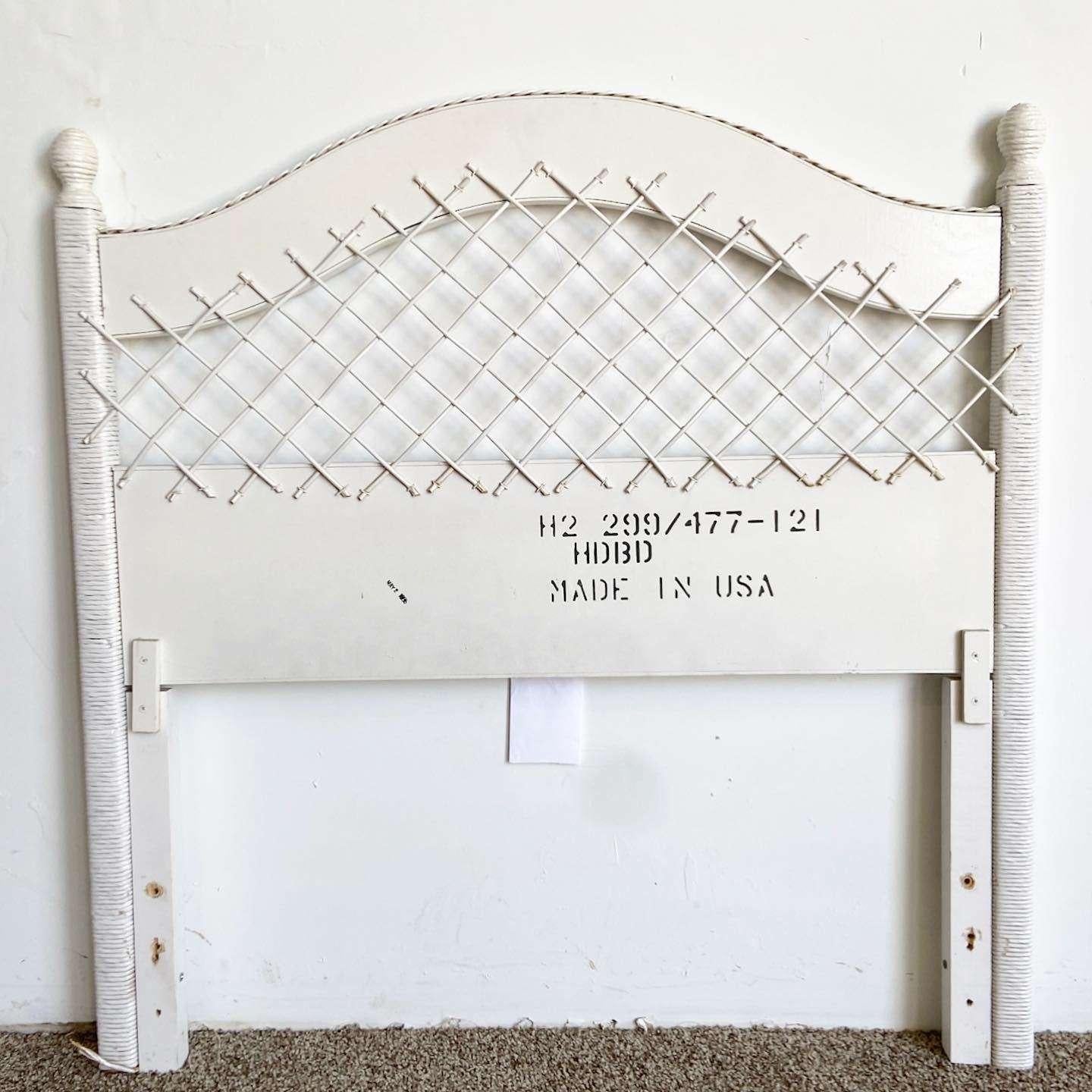 Amazing vintage boho chic twin size wicker headboard by Henry Link. Features a white painted finish.
