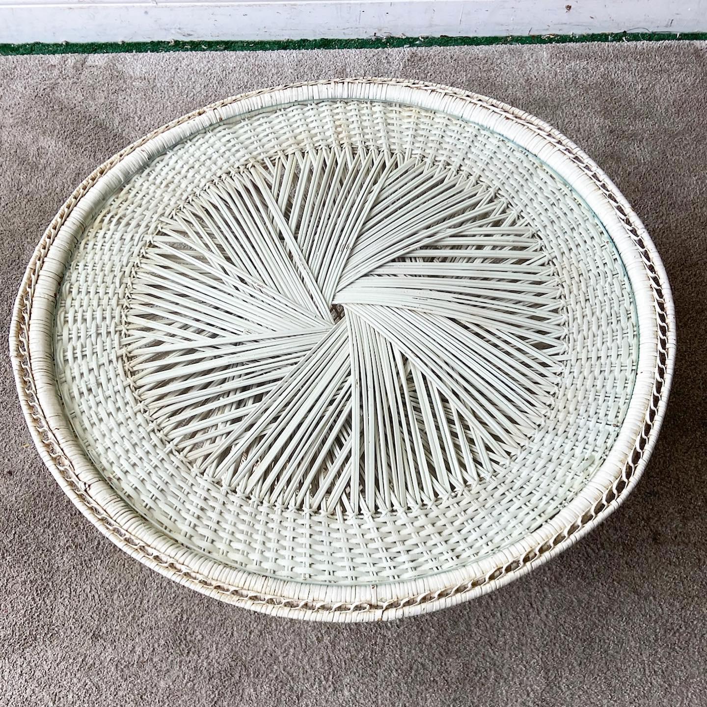 white wicker coffee table with glass top