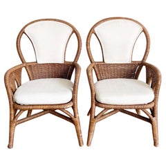 Boho Chic Wicker and Rattan Arm Chairs With White Cushions - a Pair