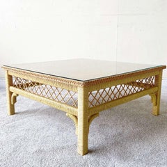 Boho Chic Wicker Glass Top Coffee Table