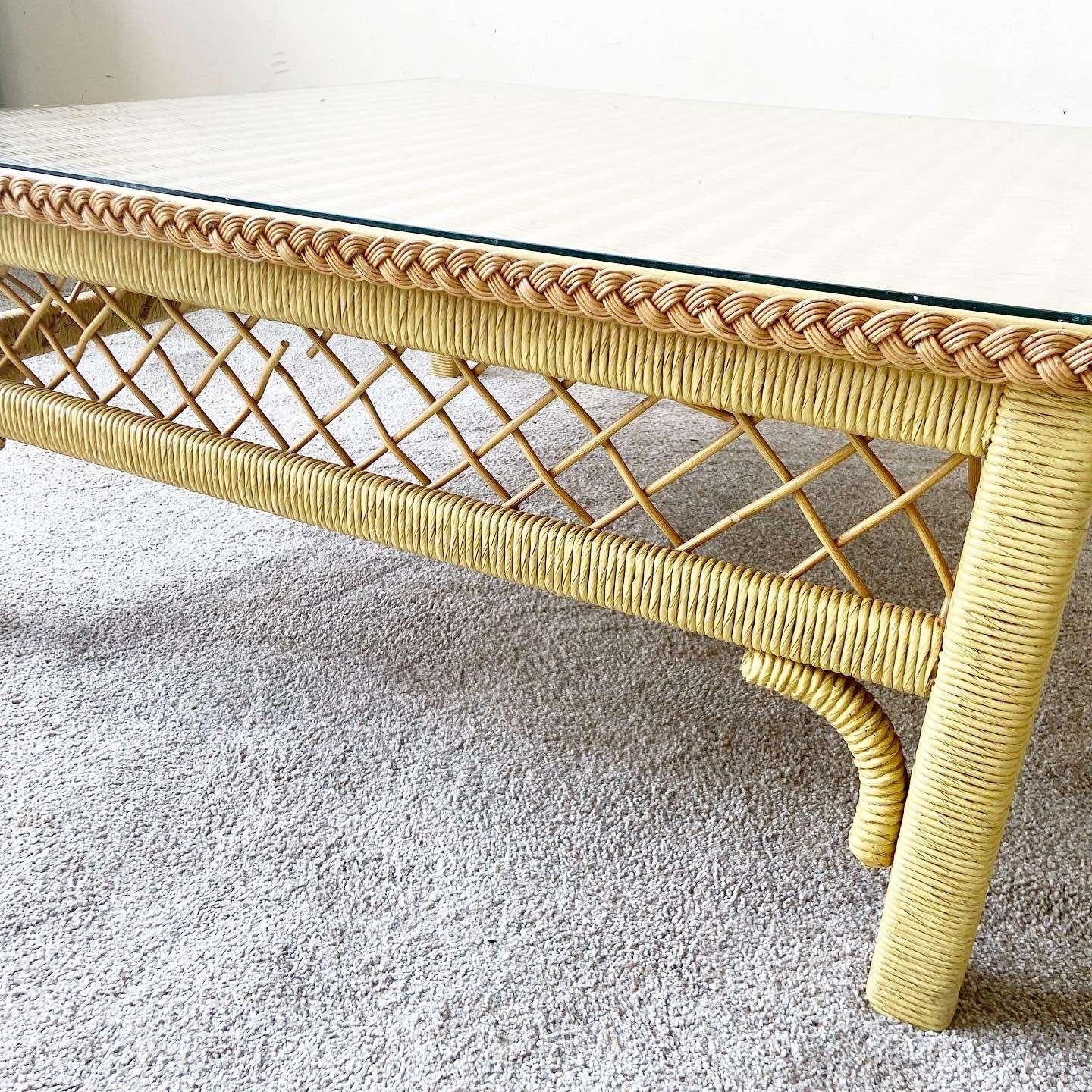 American Boho Chic Wicker and Rattan Coffee Table With Glass Top by Henry Link