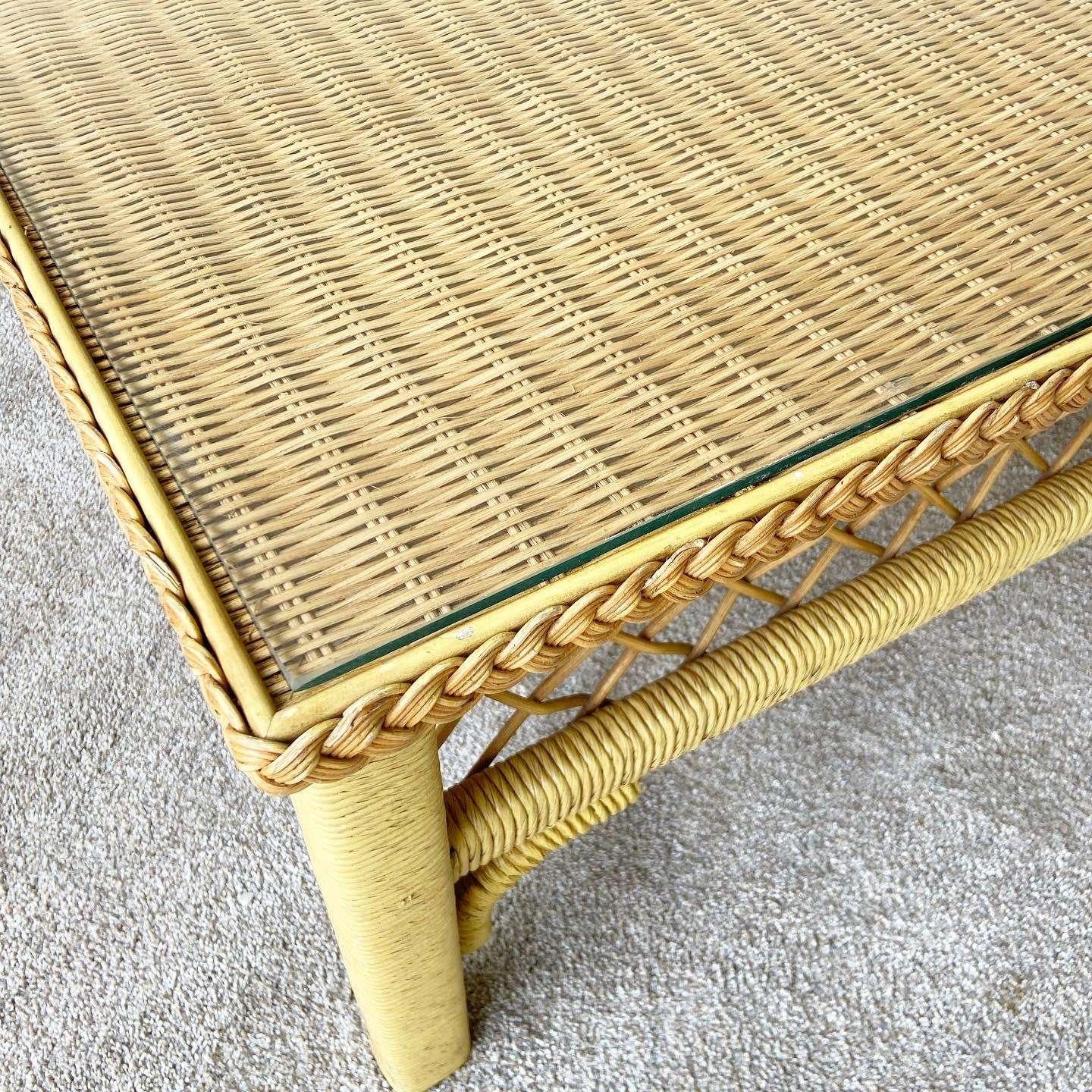 Late 20th Century Boho Chic Wicker and Rattan Coffee Table With Glass Top by Henry Link For Sale