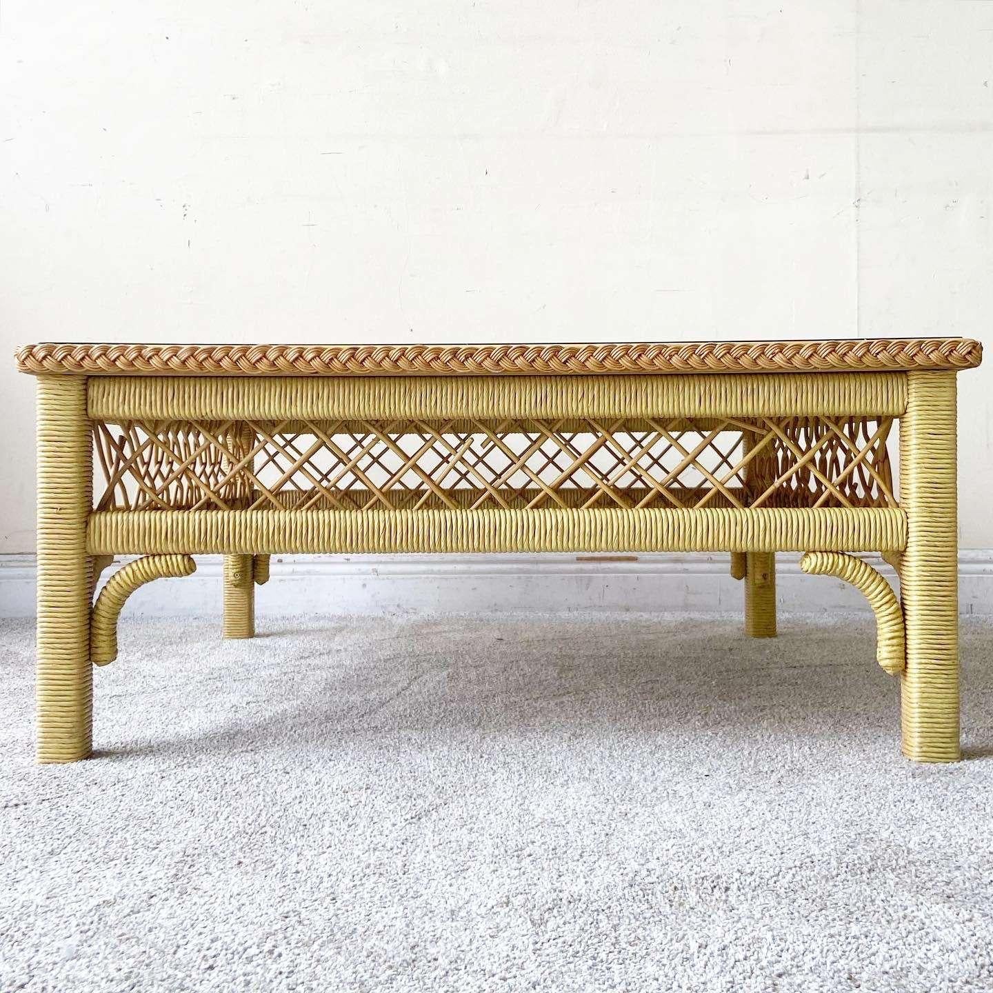 Boho Chic Wicker and Rattan Coffee Table With Glass Top by Henry Link For Sale 2