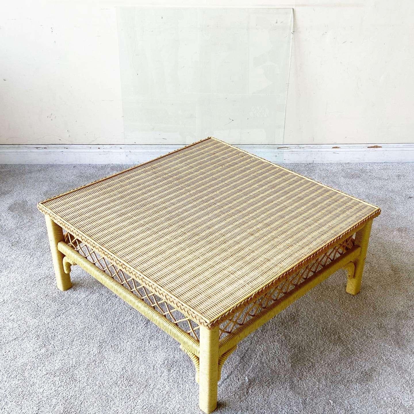 Boho Chic Wicker and Rattan Coffee Table With Glass Top by Henry Link For Sale 4