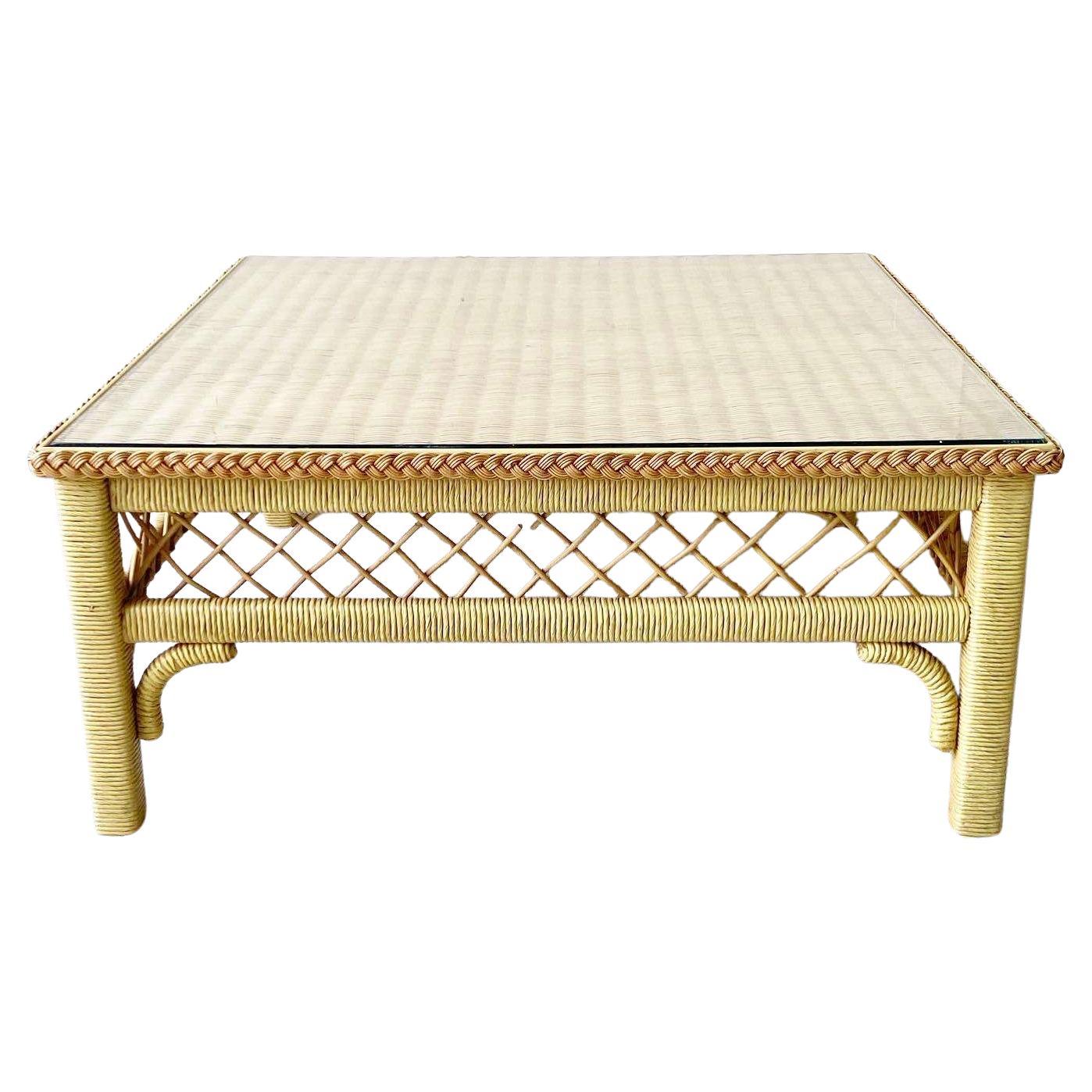 Boho Chic Wicker and Rattan Coffee Table With Glass Top by Henry Link For Sale