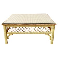 Retro Boho Chic Wicker and Rattan Coffee Table With Glass Top by Henry Link