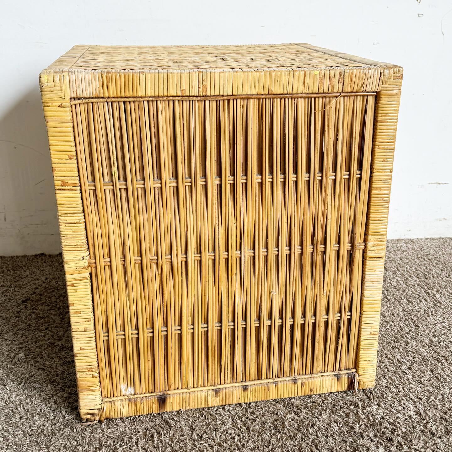 Boho Chic Wicker and Rattan Cubic Cabinet Side Table/Nightstand In Good Condition For Sale In Delray Beach, FL