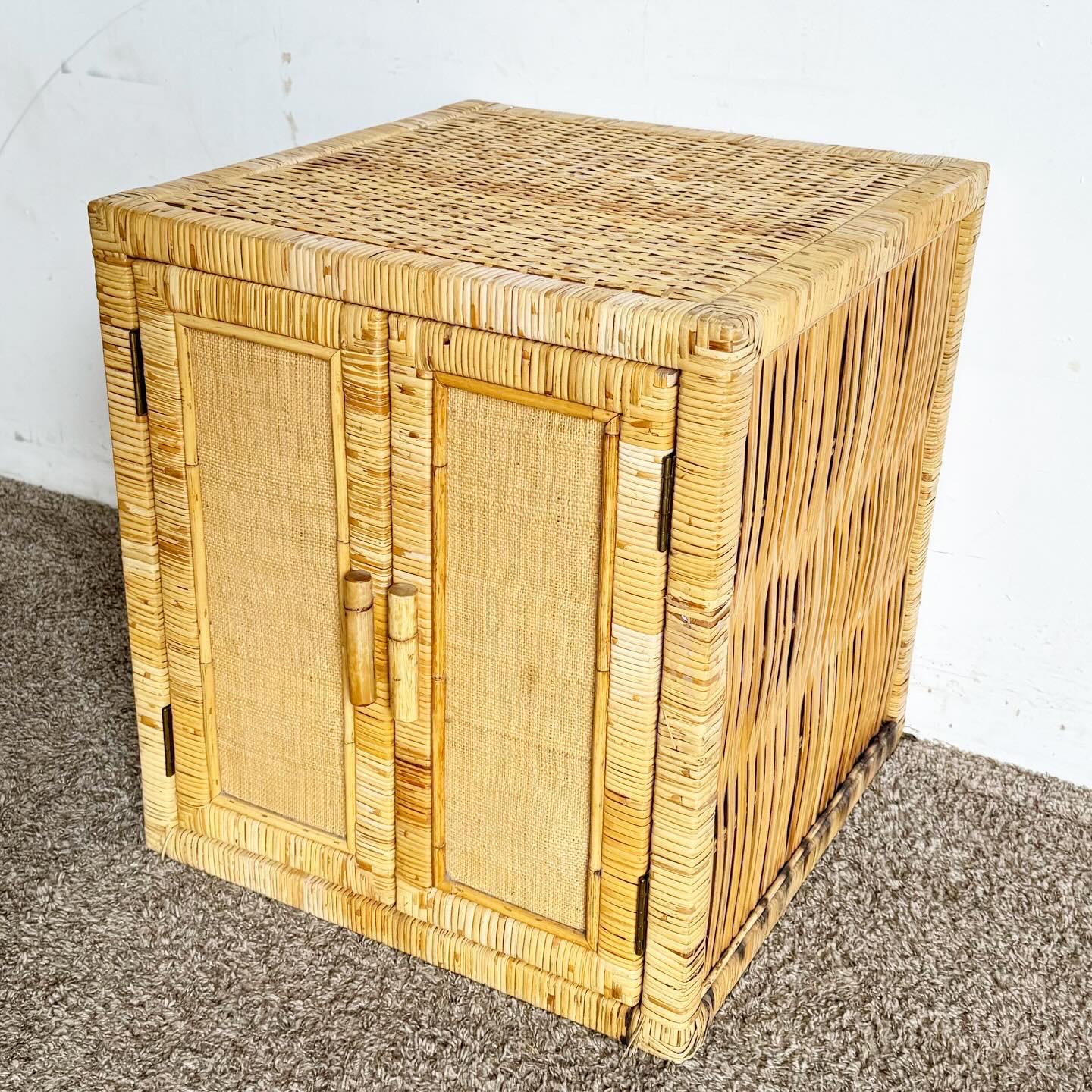 Boho Chic Wicker and Rattan Cubic Cabinet Side Table/Nightstand For Sale 2
