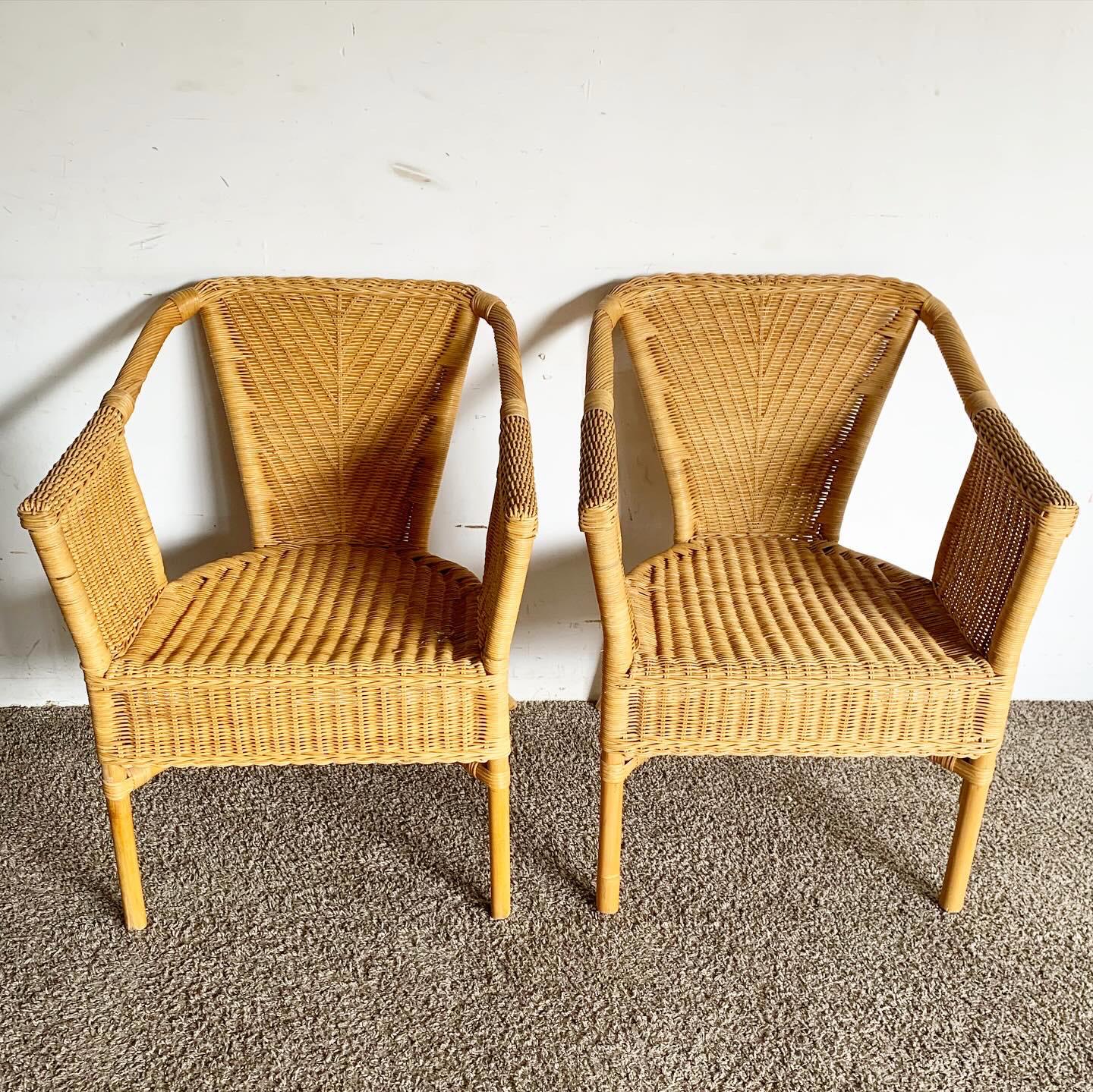 Bohemian Boho Chic Wicker and Rattan Dining Arm Chairs - Set of 4 For Sale