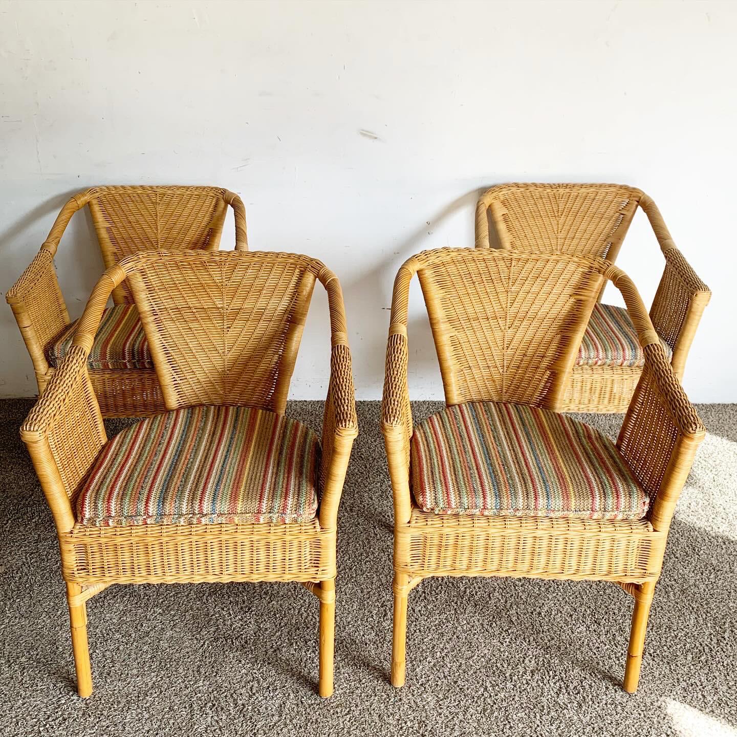Philippine Boho Chic Wicker and Rattan Dining Arm Chairs - Set of 4 For Sale