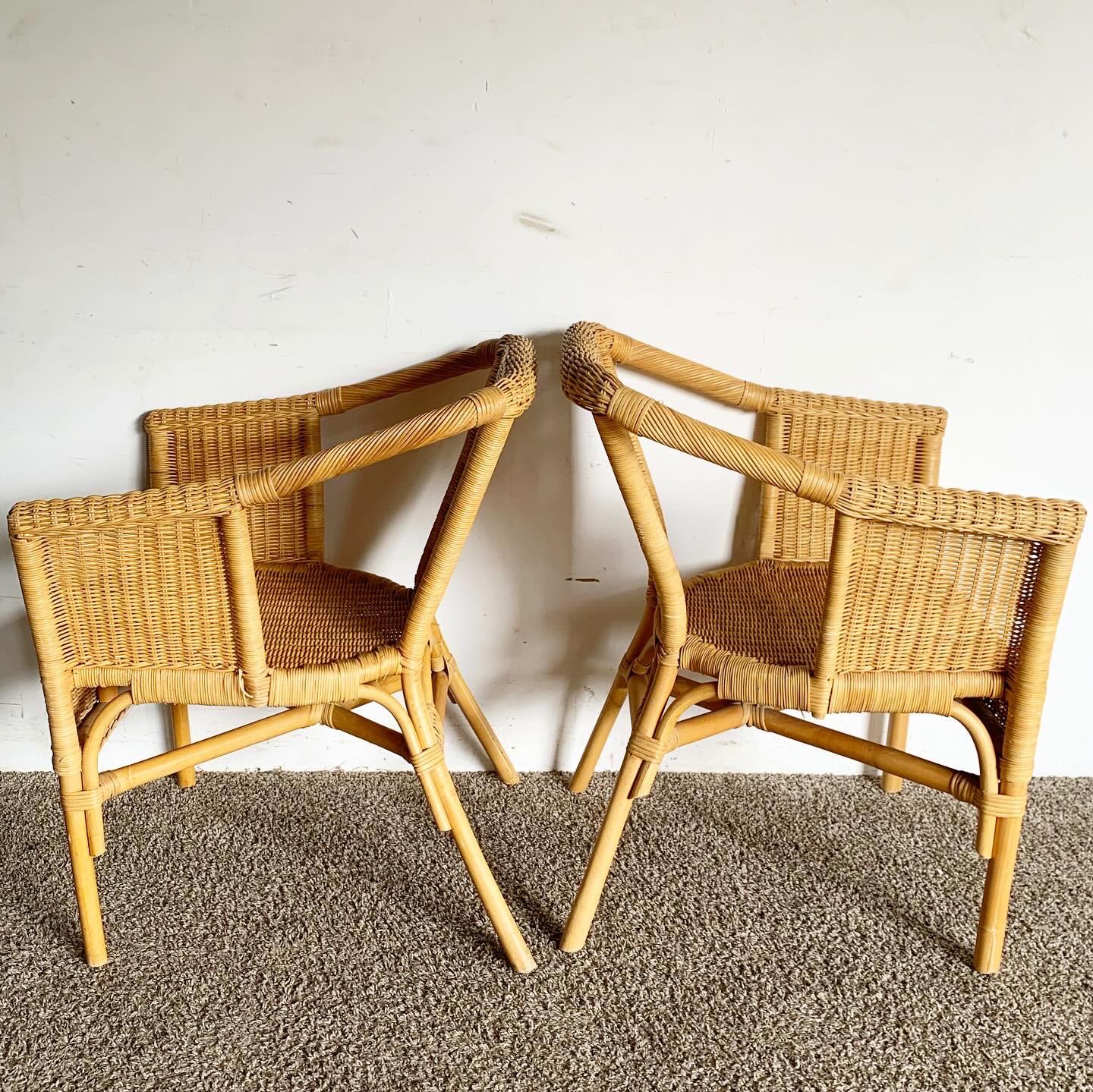 Boho Chic Wicker and Rattan Dining Arm Chairs - Set of 4 In Good Condition For Sale In Delray Beach, FL
